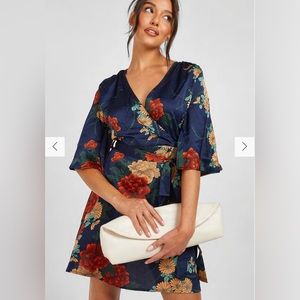 Satin floral wrap dress